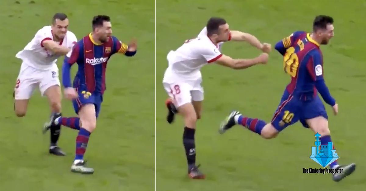 Sevilla-middelveldspeler gebruik albei hande kan nie Leo Messi briek nie