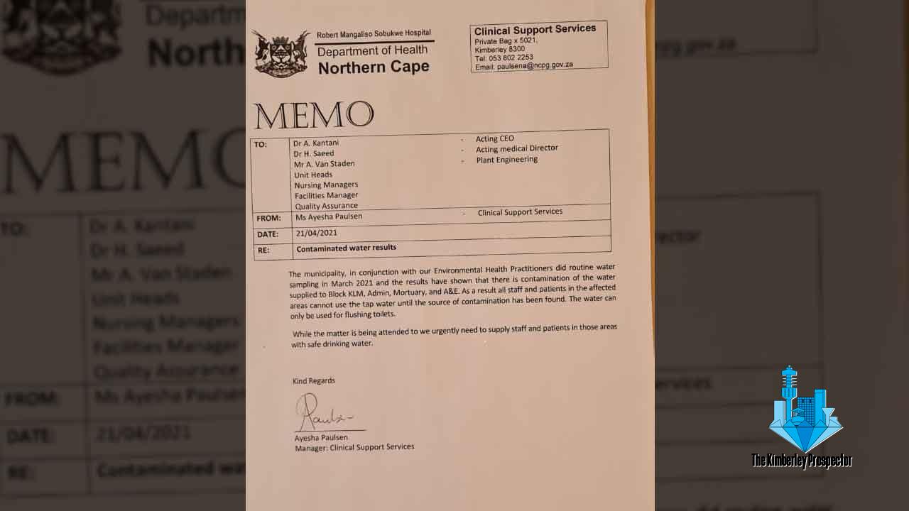 Kimberley’s state hospital to explain contaminated tap water Kimberley’s state hospital to explain contaminated tap water